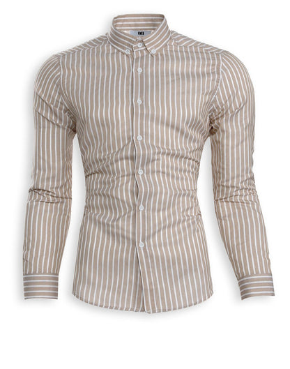 Slim Fit Hemd mit Knopfkragen – Beige gestreift