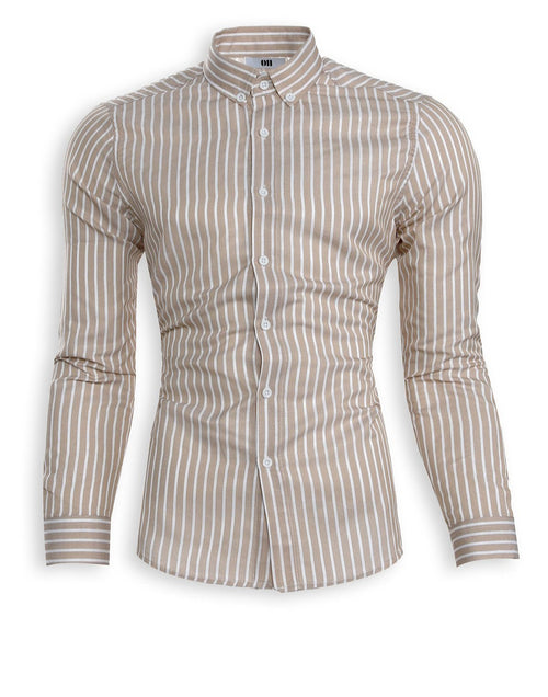 Slim Fit Hemd mit Knopfkragen – Beige gestreift