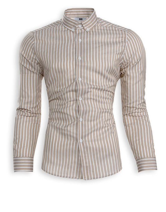 Slim Fit Hemd mit Knopfkragen – Beige gestreift