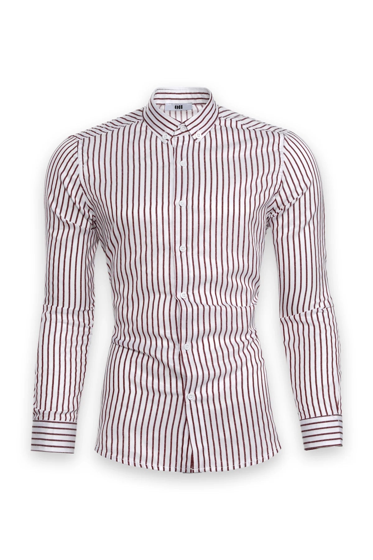 Slim Fit Hemd mit Knopfkragen – Bordo gestreift