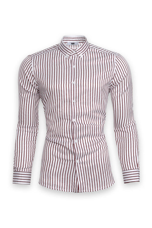 Slim Fit Hemd mit Knopfkragen – Bordo gestreift