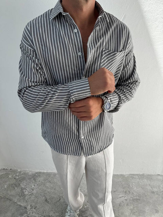 Oversize Langarmhemd mit Streifenmuster – Grau (Breite Streifen)