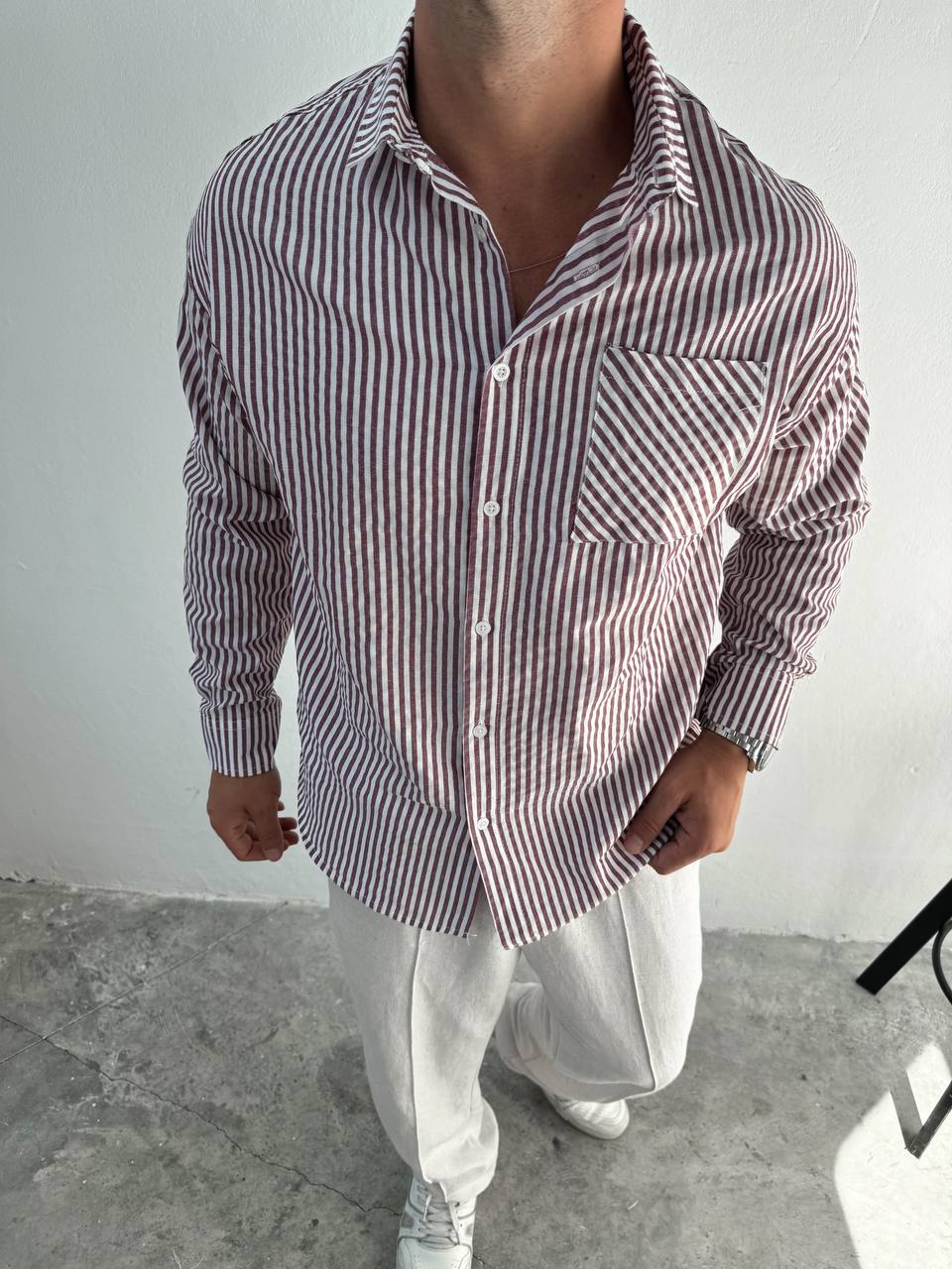 Oversize Langarmhemd mit Streifenmuster – Rot (Mischstreifen)