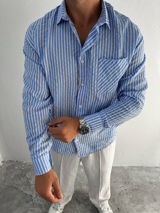 Oversize Langarmhemd mit Streifenmuster – Blau