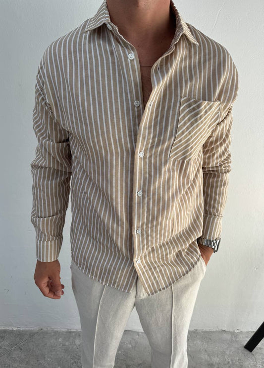 Oversize Langarmhemd mit Streifenmuster – Beige