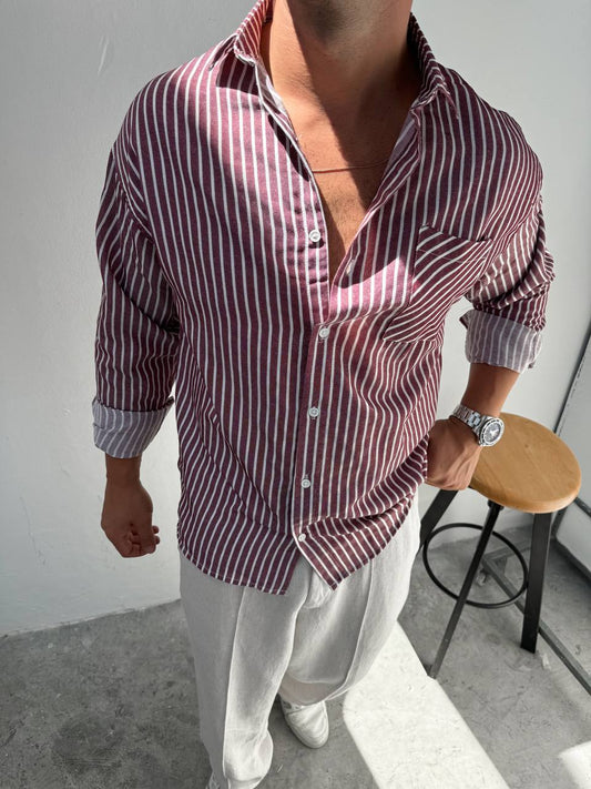 Oversize Langarmhemd mit Streifenmuster – Rot (Breite Streifen)