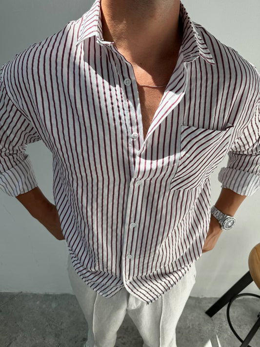 Oversize Langarmhemd mit Streifenmuster – Rot (Dünne Streifen)