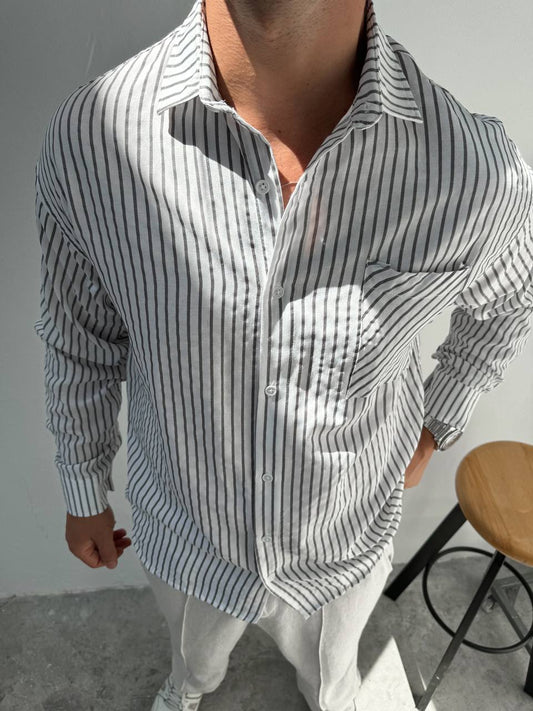 Oversize Langarmhemd mit Streifenmuster – Grau (Dünne Streifen)