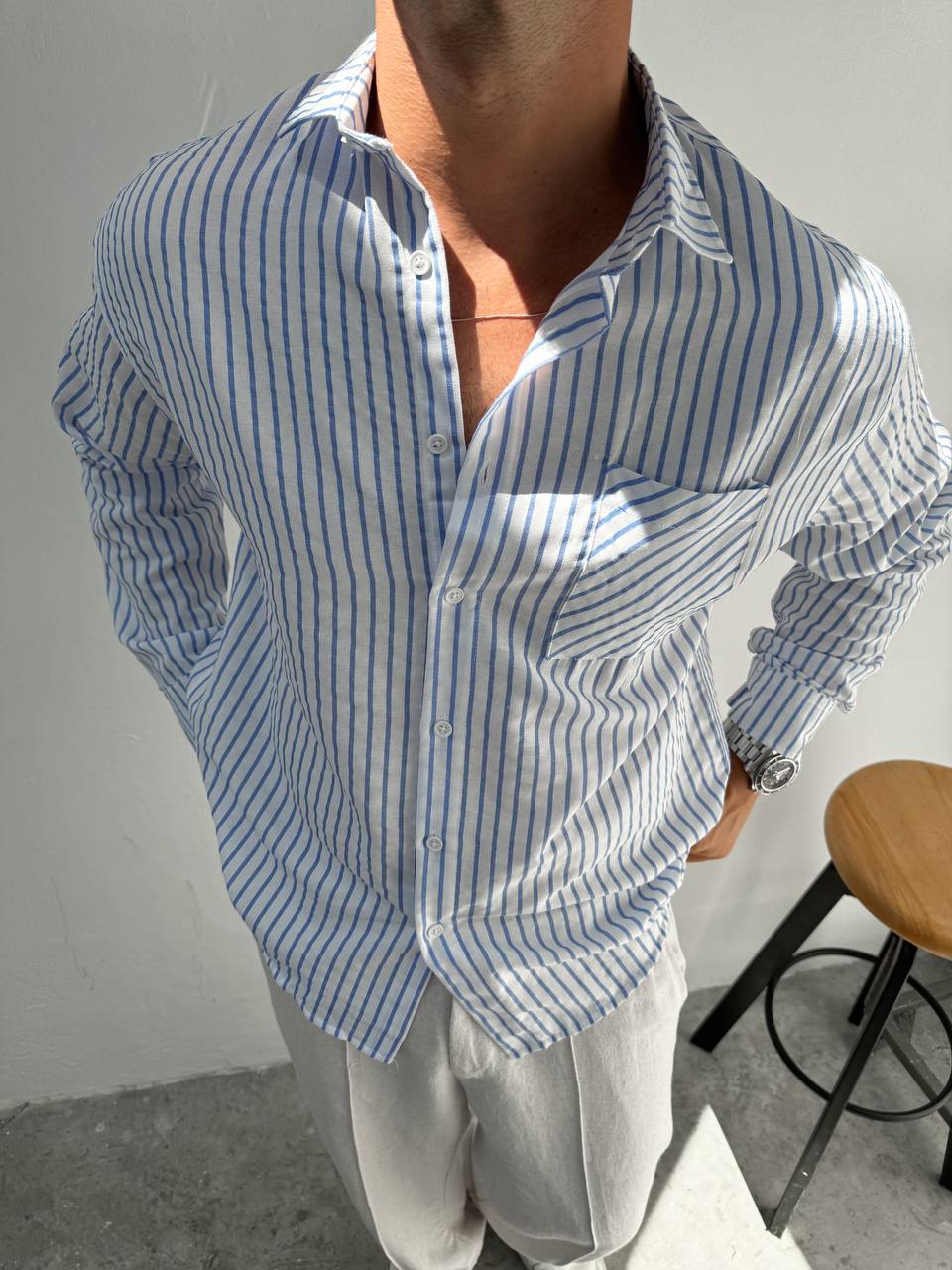 Oversize Langarmhemd mit Streifenmuster – Hellblau