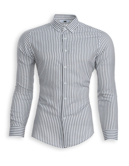 Slim Fit Hemd mit Knopfkragen – Grau fein gestreift