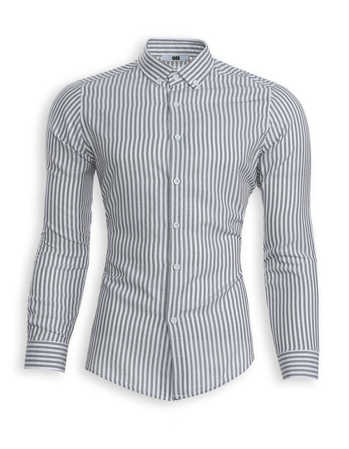 Slim Fit Hemd mit Knopfkragen – Grau fein gestreift
