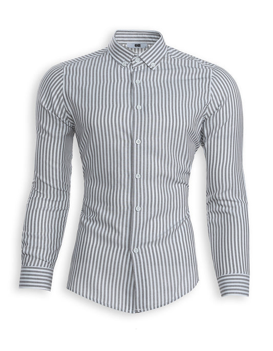 Slim Fit Hemd mit Knopfkragen – Grau fein gestreift